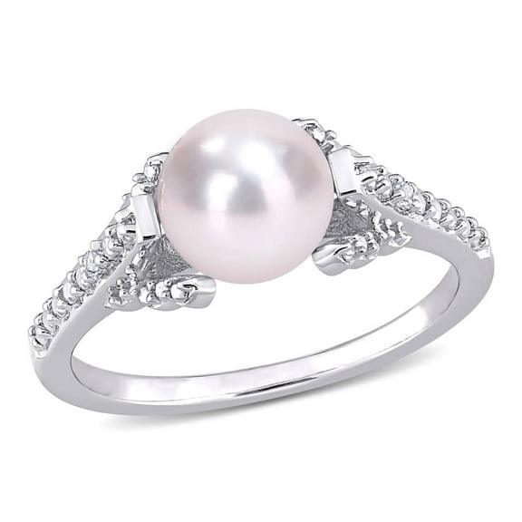 AMOUR 7-7.5mm Freshwater Cultured Pearl and Diamond Accent Vintage Ring In Sterling Silver