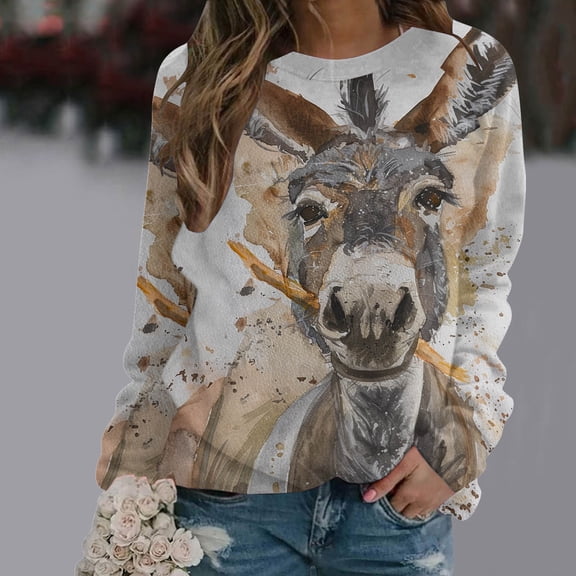 Wancir Women Comfy Sweatshirt Donkey Print Solid Crew Neck Long Sleeve Cute Pullover Top