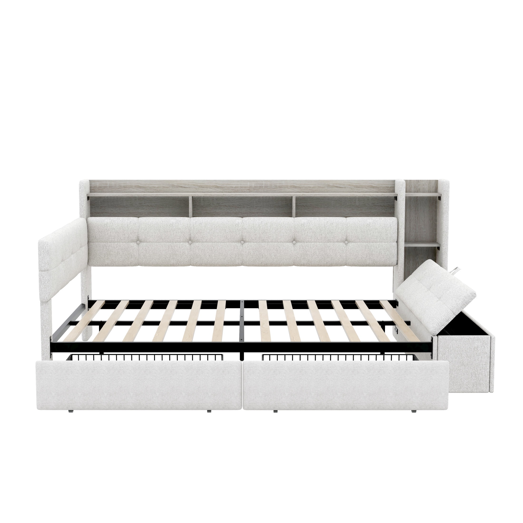 Noble House Brevon Full Size Upholstered Daybed with Extra Drawers, Storage Footstool, USB Port and LED Light, Beige