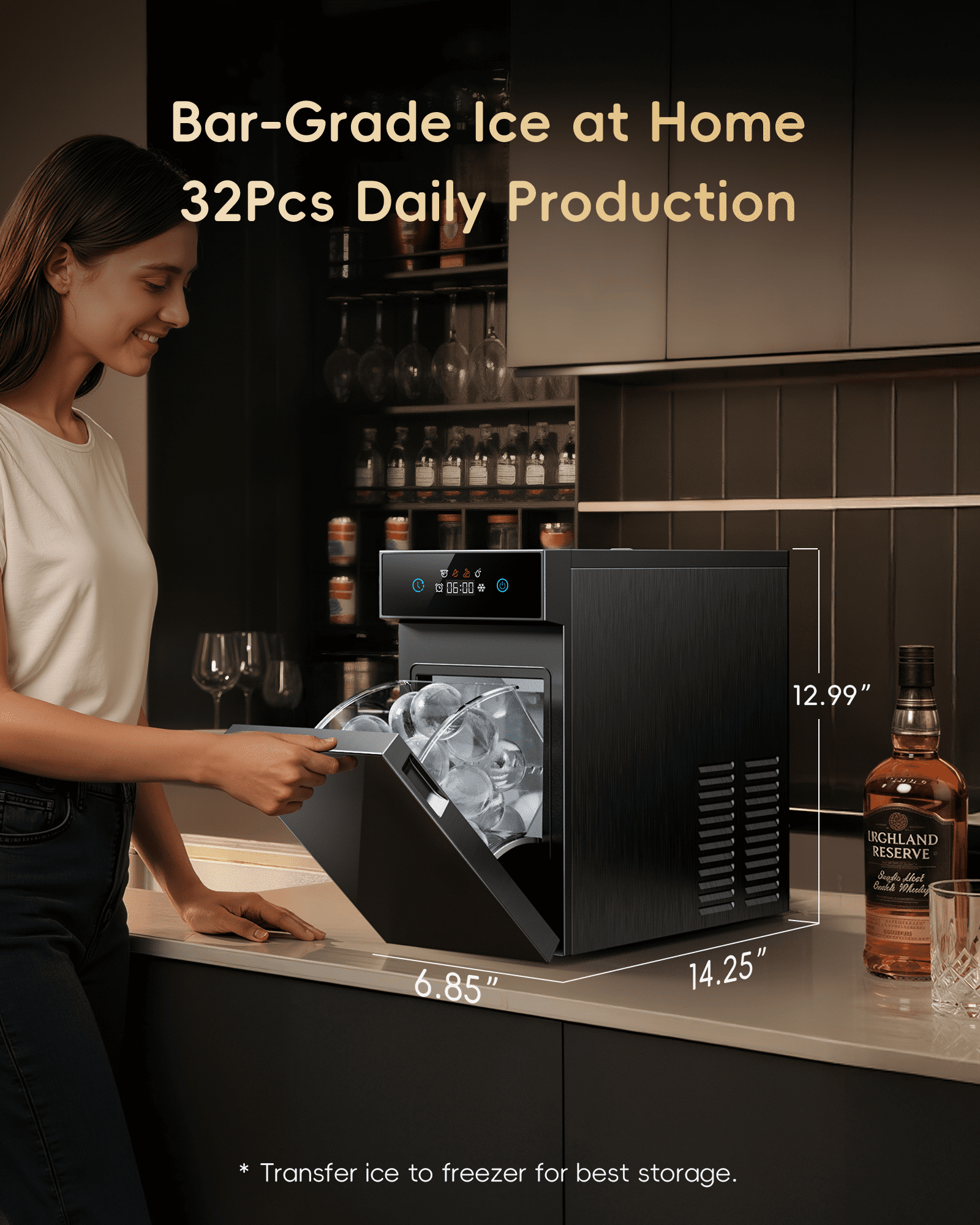 Ecozy Chillio 2.4" Crystal Clear Ice Ball Maker with CrystalFlux Technology, Compact Sphere Ice Machine with 8H Timer, Makes 1 Ball in 40 Mins, Up to 32 Balls/Day, Self-Cleaning Design for Home Bar