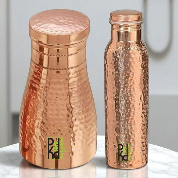 Peekdee Copper 1000 ml Bedroom Bottle With Hammered 1 L Water Bottle Handcrafted Yoga benefits Set of 2