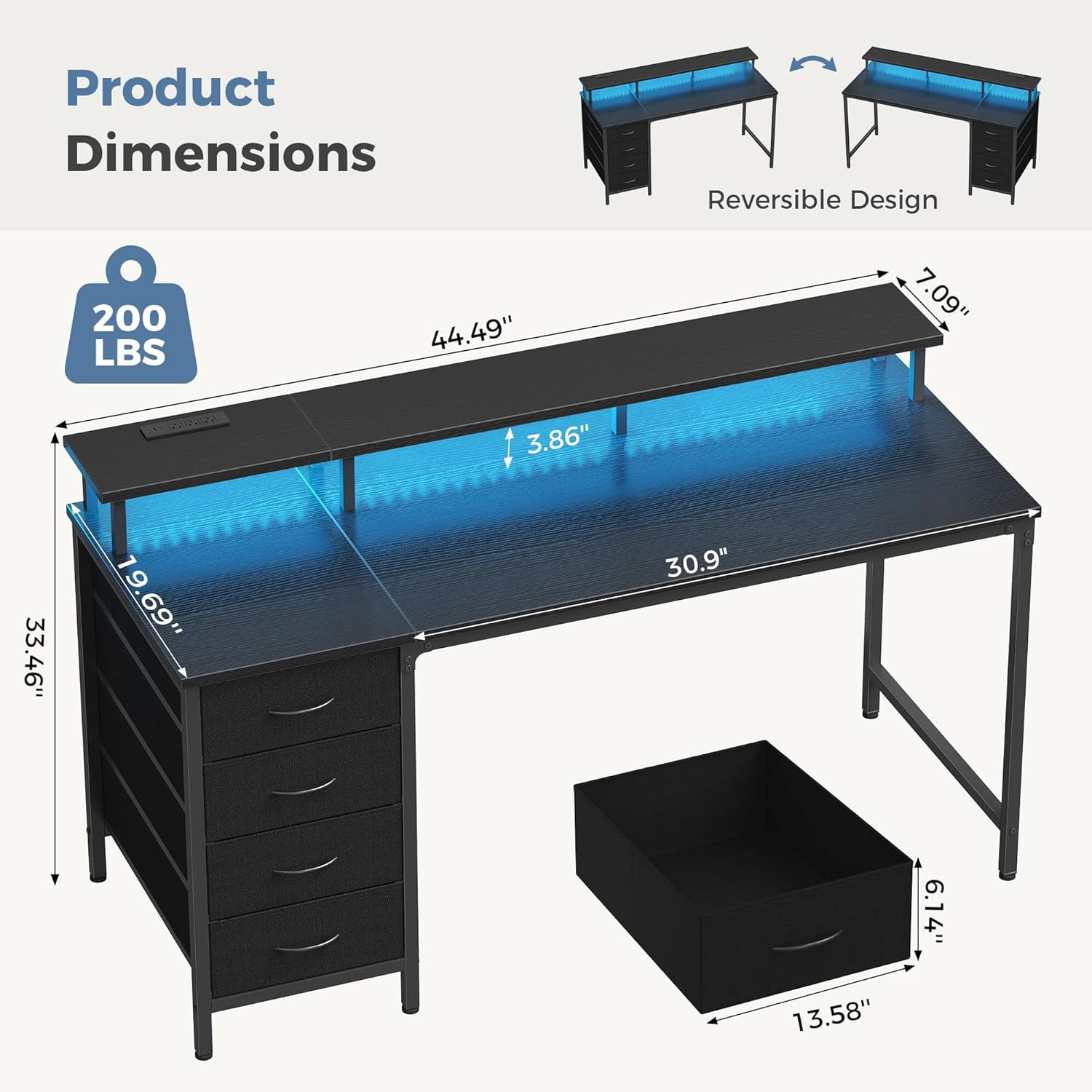 CONCETTA 47 Inch Computer Gaming Desk with 4 Drawers, Power Outlets and LED Lights for Home Small Spaces, Black