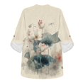 thumbnail image 4 of FKELYI Lotus Flower Leaf Dragonfly Print Womens Faux Linen Shirt for Summer Top Shirts Roll Up Sleeve Design Casual Blouse for Ladies Beach Vacation Outfits, S, 4 of 5