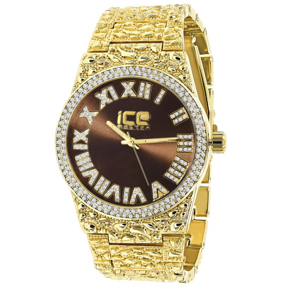 Mens Roman Numeral Dial Brown Face Gold Tone Nugget Style Simulated Diamond Metal Band Watch