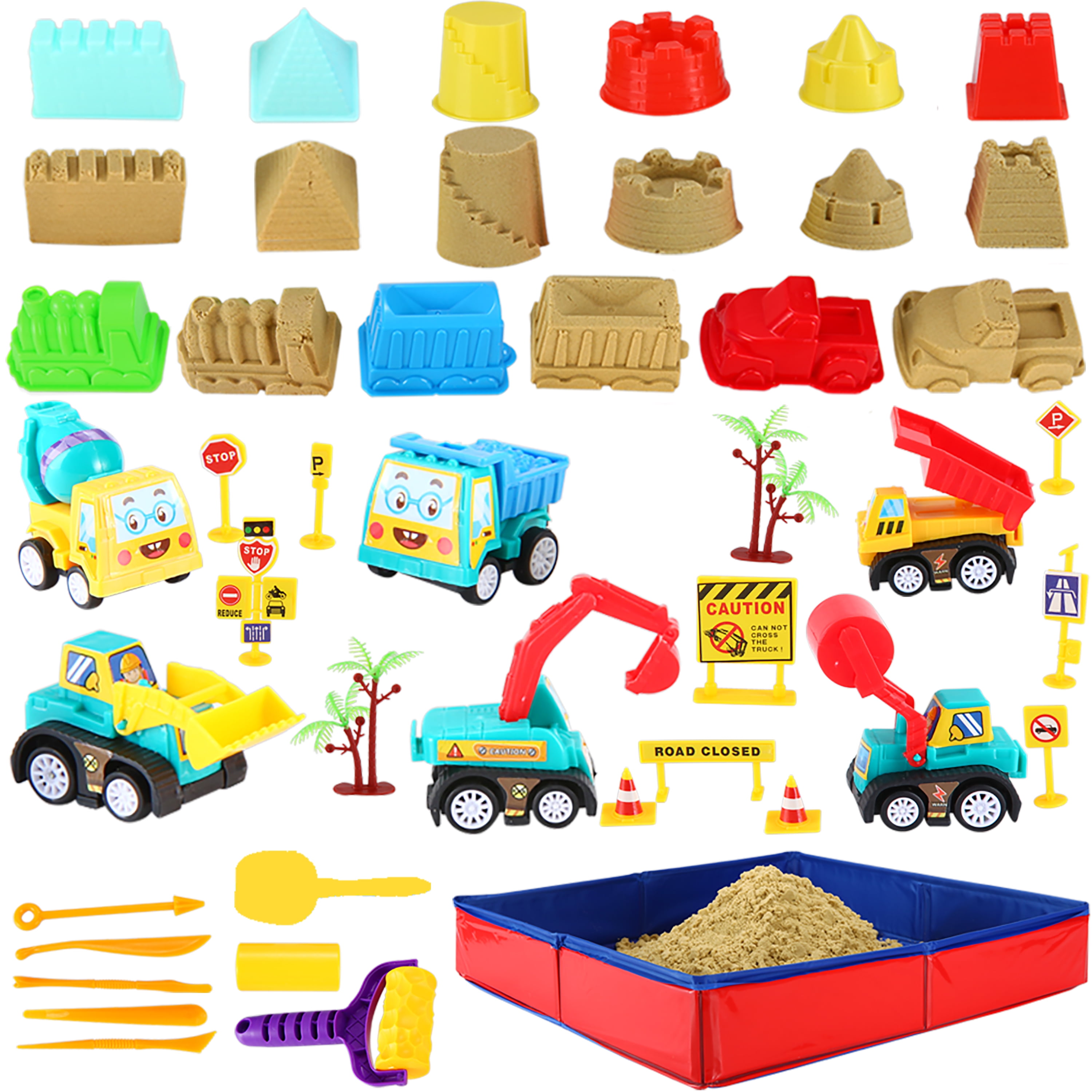 Construction Moving Sand Kit 2lbs Play Sand Tools Trucks Road Signs Foldable Box 