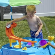Step2 Waterpark Wonders Two-Tier Blue Plastic Outdoor Toy and Water Table for Toddler with Umbrella