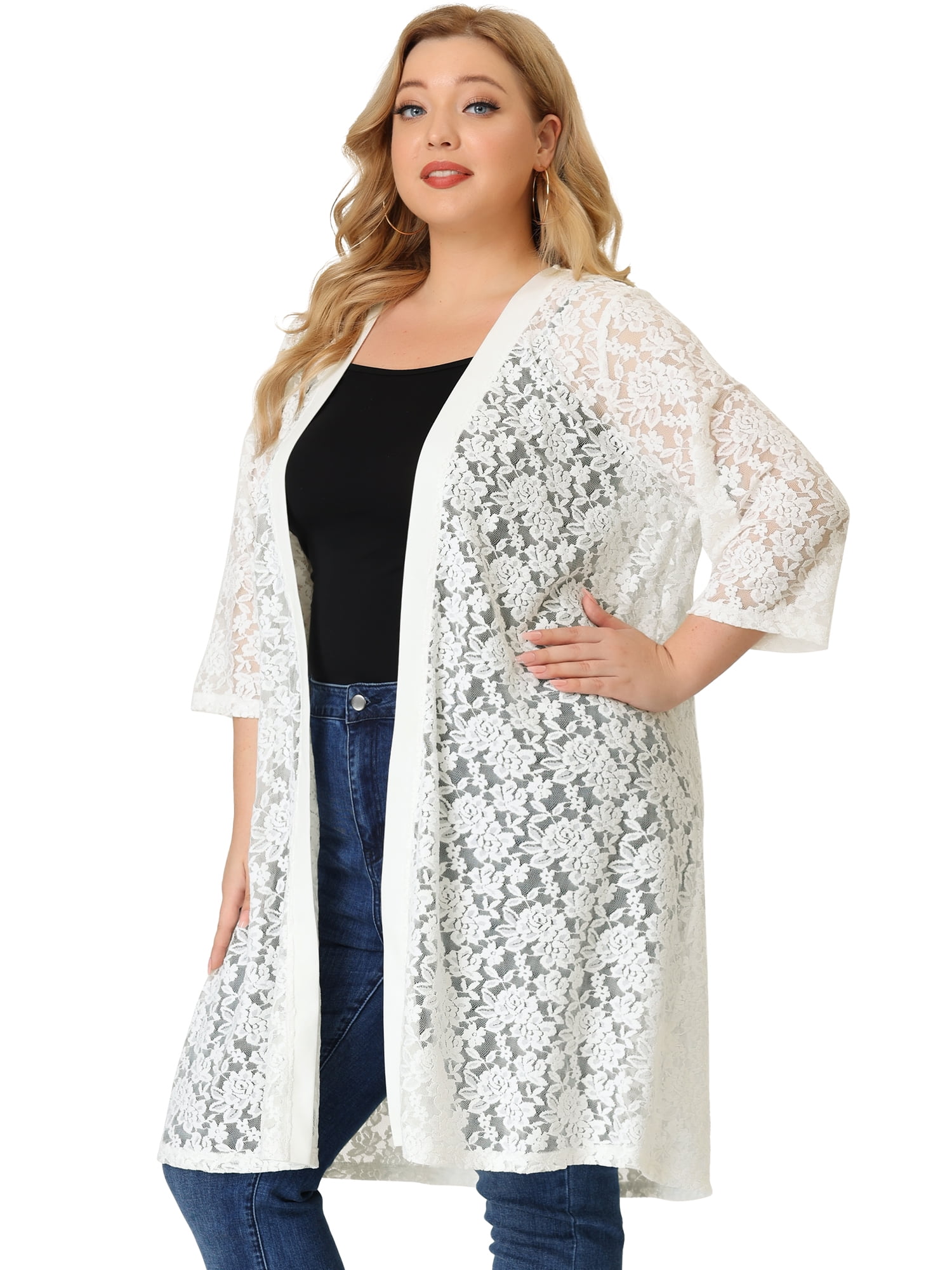 DARING DIVA Women's Plus Size Lace Crochet 3/4 Sleeve Cover Up Jacket 6X White