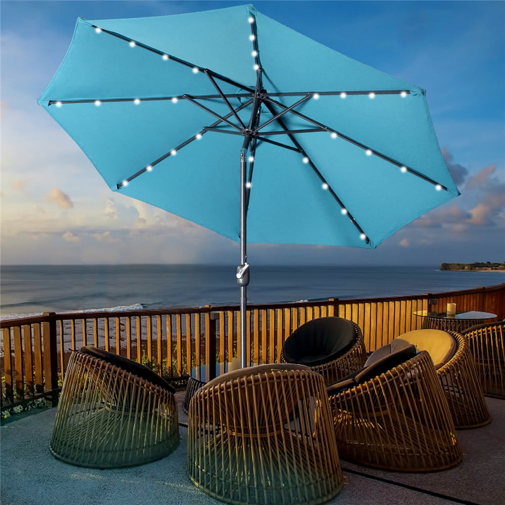 9FT Patio Umbrella Common/LED Solar Outdoor Market Beach w/Tilt Crank Sunshade 