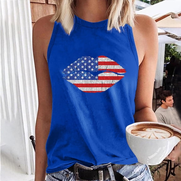 Wycnly Womens 4th of July Tank Tops Independence Day Patriotic Regular Fit Racerback Shirts Vest Summer Fashion Lips Flag Print Crewneck Sleeveless Blouse Blue s