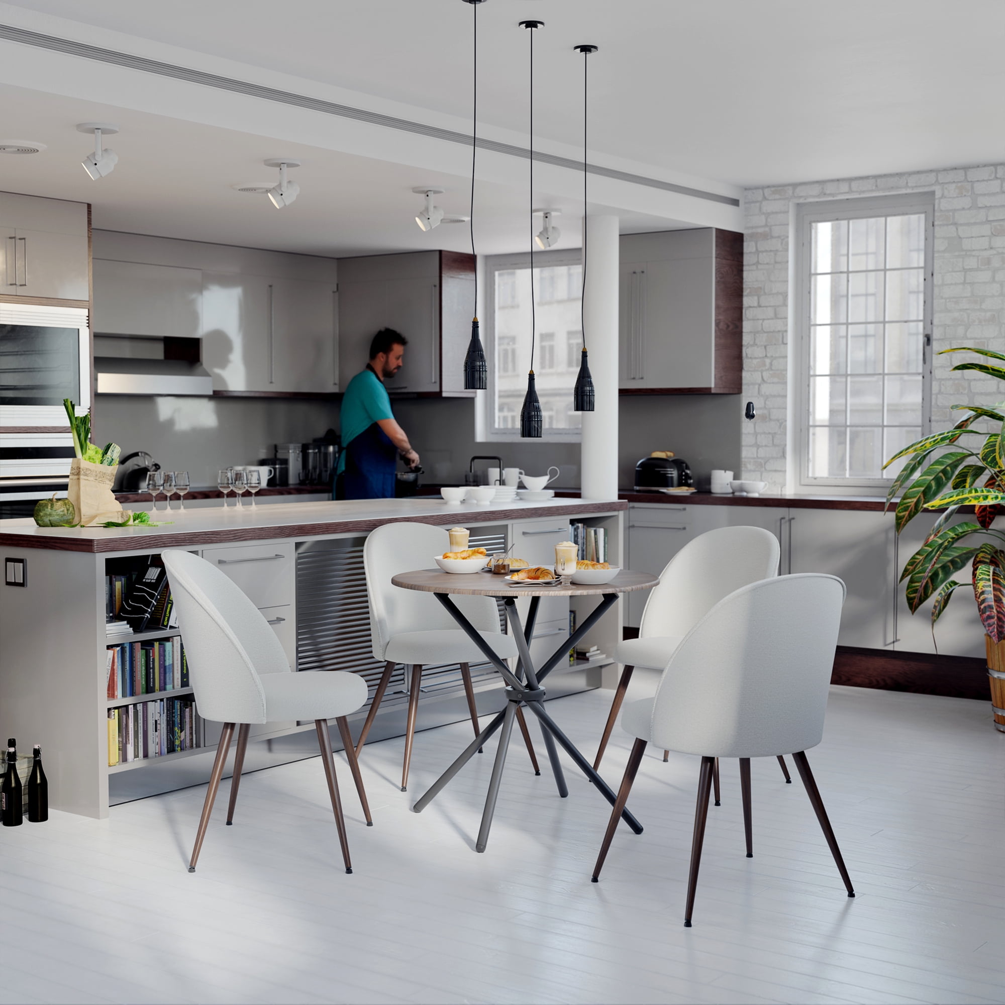 Ensemble table et chaises de salle à manger industriel 3 pièces Homy Casa, plateau rond imitation expresso et 2 chaises à dossier rembourré, pour petits espaces, tissu beige