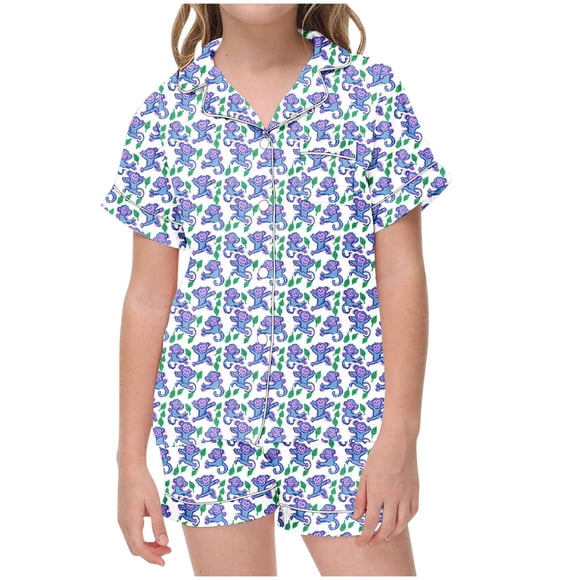 Odeerbi 2-12 Años Niños Niñas Pijama de Verano de Satén Con Solapa de Muesca Camisas de Manga Corta Pantalones Cortos Conjunto Suave Estampado Floral Ropa de Dormir