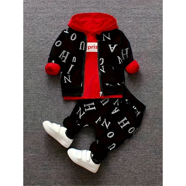 Printemps et Automne Nouvelle Mode Tendance Veste à Capuche Lettres Ensemble Trois Pièces pour Garçons