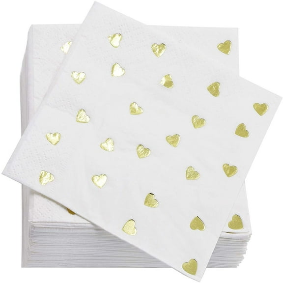 Valentine's Paper Napkins for Party Supplies (White, Gold Foil, 5 In, 50 Pack)