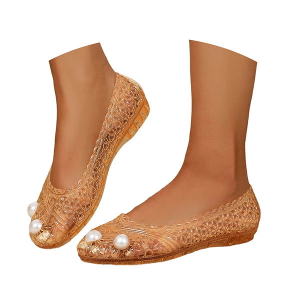 CAIXIA Womens Sandals Women's Ballet Flat Jelly Sandals Breathable Mesh Summer Beach On Comfortable Low Heel Clear Hollow Design Casual Shoes,Orange