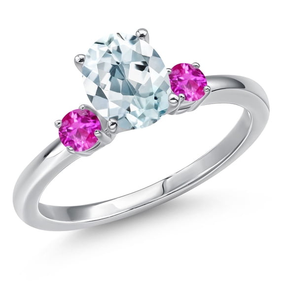 Gem Stone King 14K White Gold Sky Blue Aquamarine and Pink Sapphire Engagement Ring for Women | 1.47 Cttw | Oval 8X6MM | Gemstone March Birthstone | Size 5
