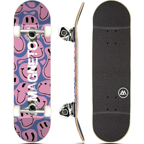 Magneto Cruiser Skateboard - Longboard-Style Cruiser for City Commutes - Beginner Skateboard Setup with ABEC-5 Bearings & 95A Wheels - 7-Ply Maple Deck, 31" x 8", Droopy Smile
