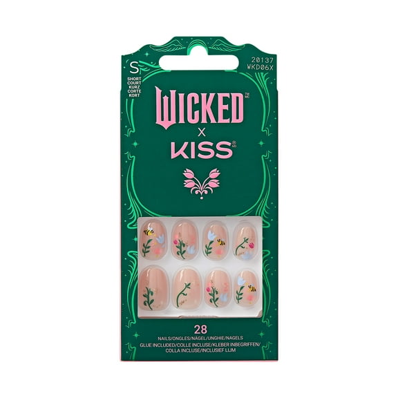 WICKED x KISS Press on Nails, There's Joy, Beige, Short Oval, 28 Count