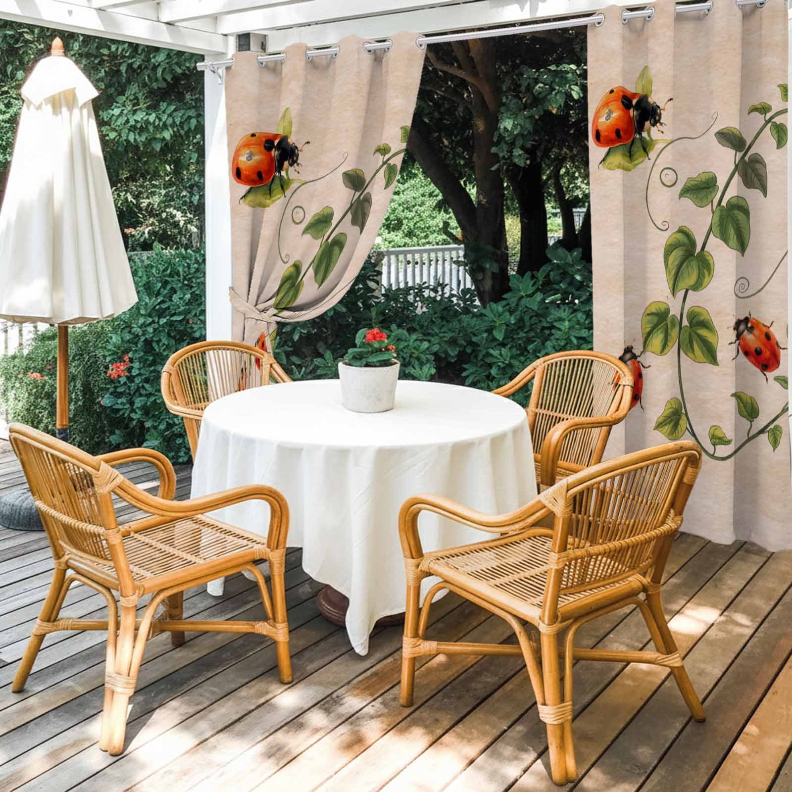 Outdoor Curtains for Patio Waterproof, Ladybugs Eucalyptus Outdoor Privacy Panels Grommet, Spring Botanical Leaves Retro Blackout Outside Curtains for Porch/Cabana/Pergola/Gazebo 54"x108", 1 Panel