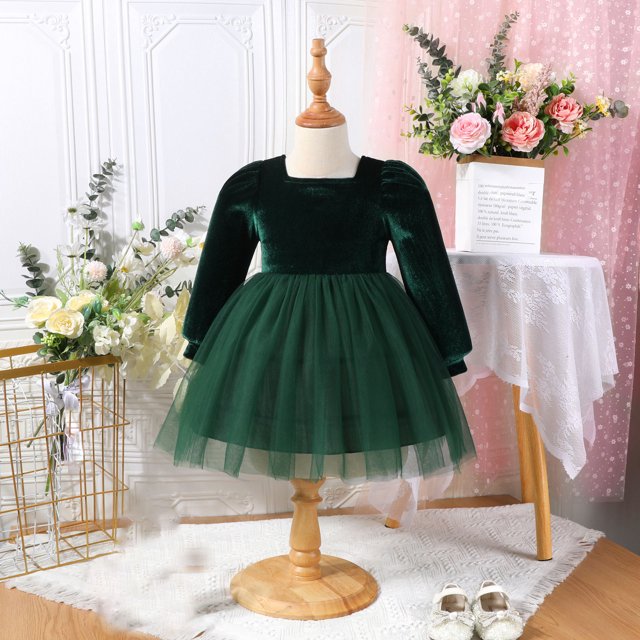 AherBiu Robe à Manches Longues pour Bébé Filles Col Rond Couleur Unie Dentelle Mignonne Mode Robe pour Tout-Petit Bébé Décontractée, Taille 9 Mois - 4 Ans