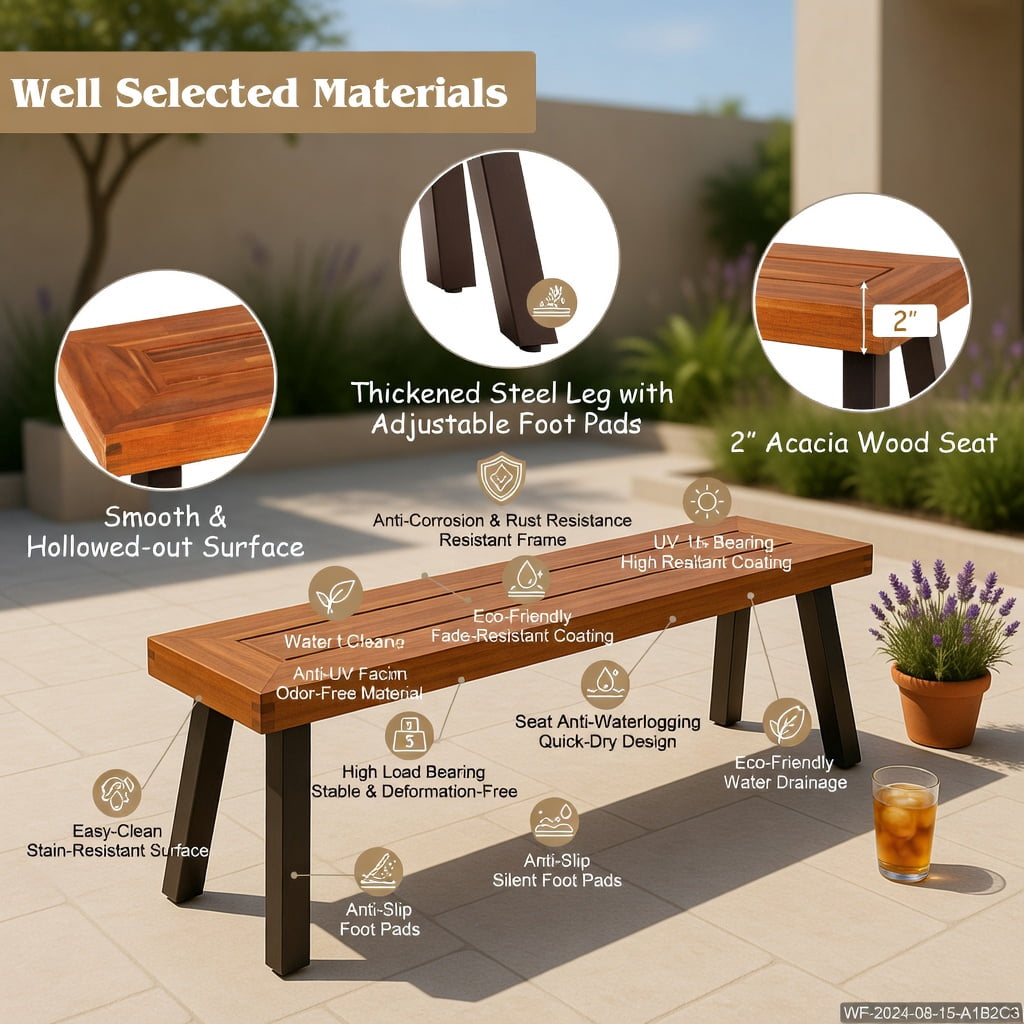 Hommoo 2-Pack Outdoor Acacia Wood Dining Benches for Patio, Rust-Resistant Steel Frame, Brown