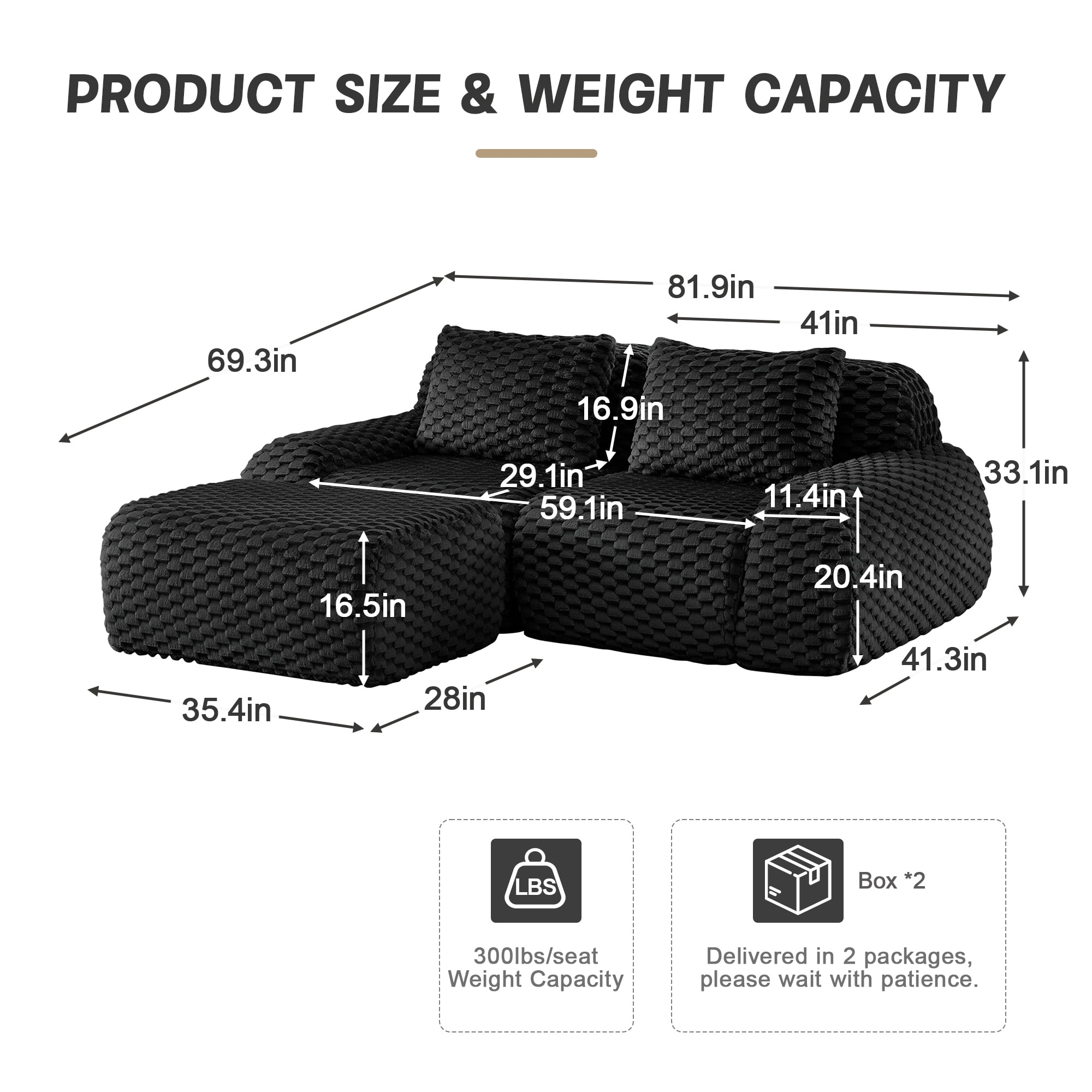 Alvantor 82" Cloud Modular Sectional Sofa Loveseat with Movable Ottoman, Deep Seat Flannelette Boneless Couch for Living Room Bedroom Black