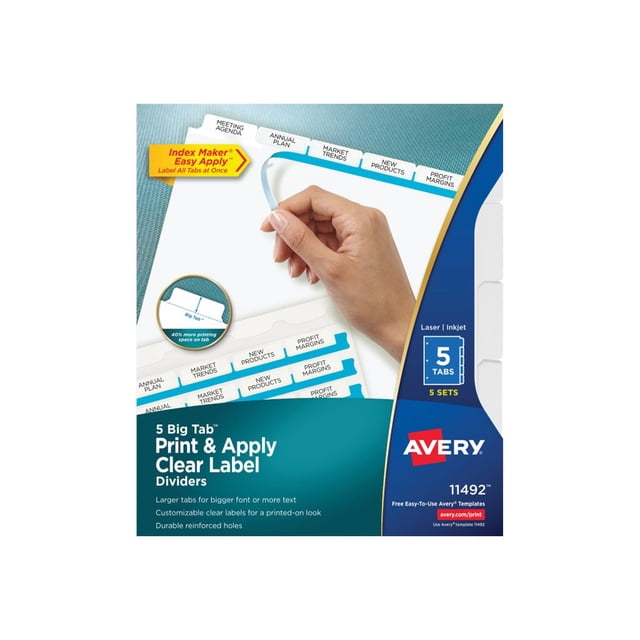 Avery Big Tab Print & Apply - Séparateur - 5 Parties - à Onglets - Blanc (Lot de 5)