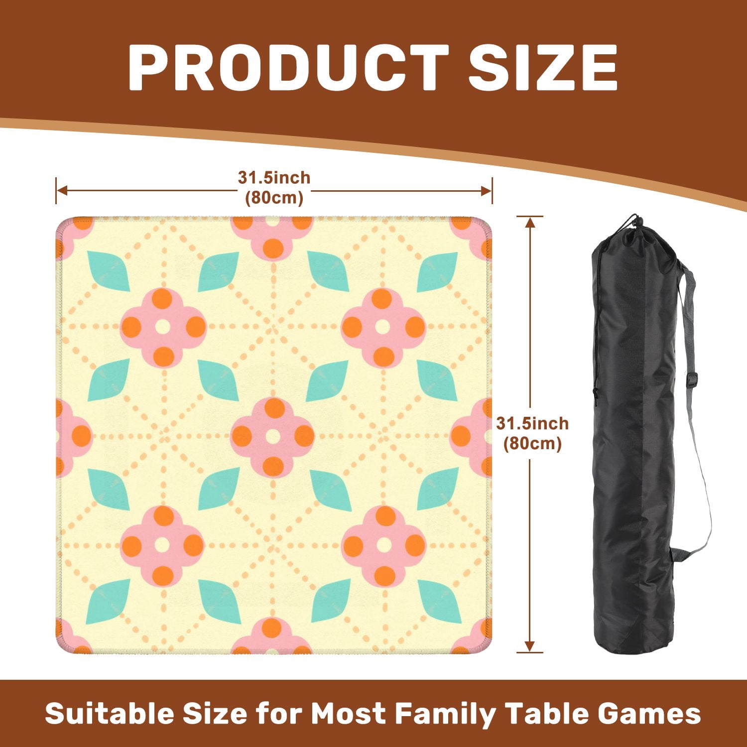 Mahjong Mat 31.5" x 31.5" Floral Pink Flowers Orange Dots Mint Green Leaves Yellow Non-Slip Noise Reduction American Mahjong Tiles Table Cover for Dominoes Poker Card Board Games Gift