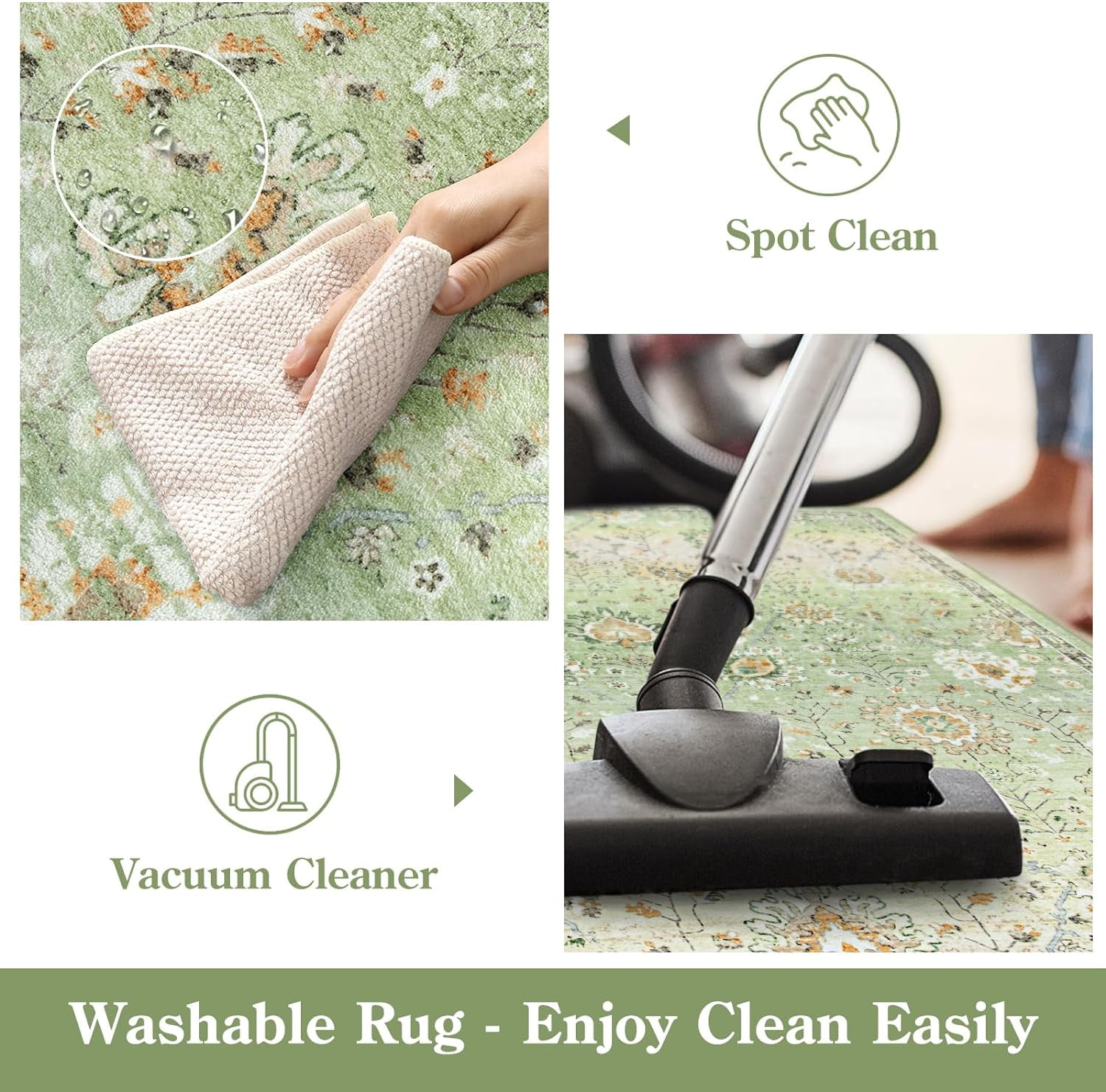 Wonnitar 8'x10' Green Boho Area Rug, 8x10ft Rugs for Bedroom Girls Large Living Room Area Rugs Soft Floral Playroom Rug, Washable Rugs Non Slip Pastel Rug for Bedroom Living Room Carpet