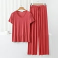thumbnail image 2 of Women Homewear Solid Color Loose Pajamas Short Sleeve T Shirt Drawstring Wide Leg Pants Sleepwear 2 Piece Set, 2 of 7