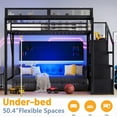 thumbnail image 3 of Queen Size Loft Bed with Charging and LED Lights, Heavy Duty Metal Frame with Wardrobe, Storage Stairs and Shelves, Noise-Reduced Design, Black, 3 of 6