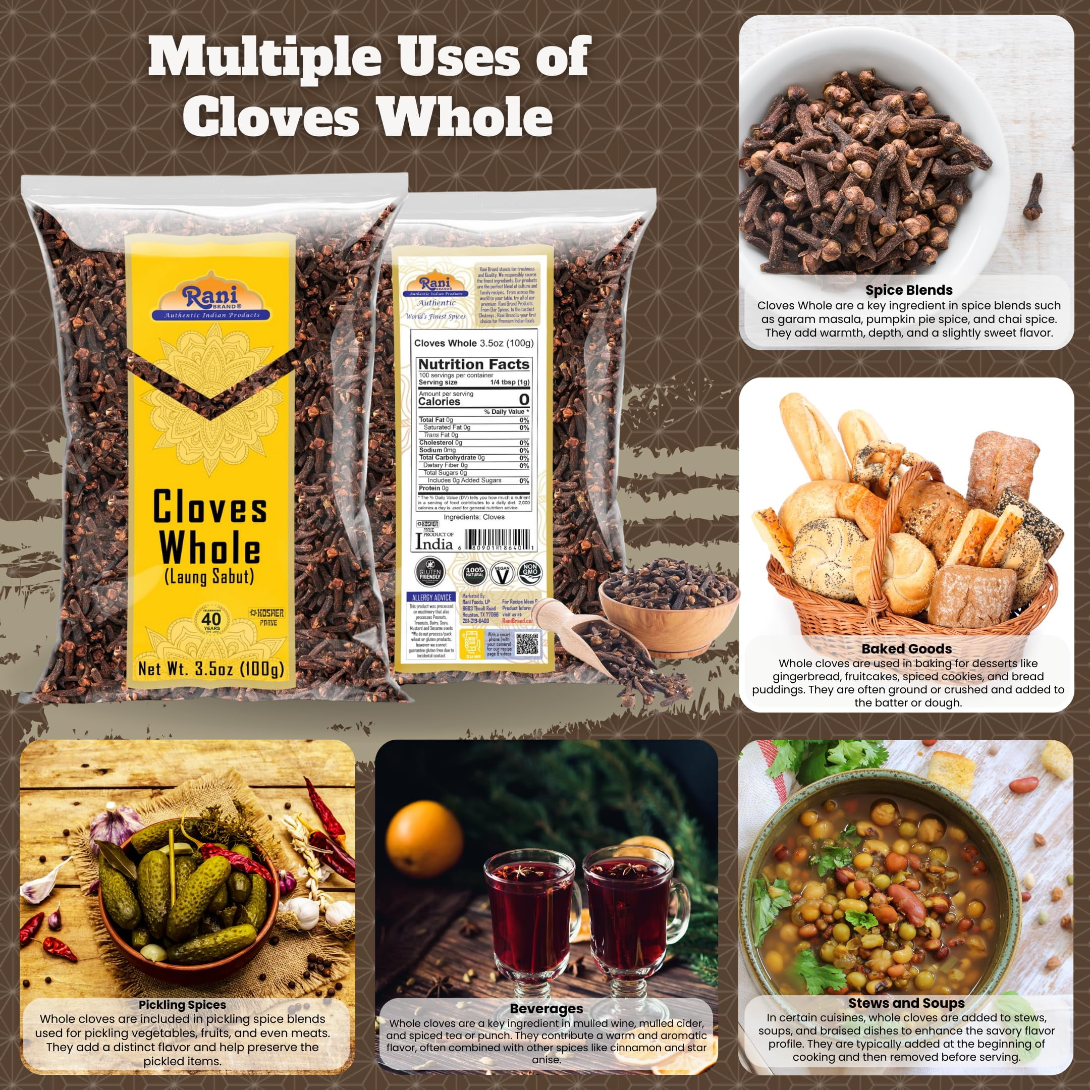 Rani Cloves Whole (Laung) 3.5oz (100g) Great for Food, Tea, Pomander Balls and Potpourri, Hand Selected, Spice ~ All Natural | NON-GMO | Kosher | Vegan | Gluten Friendly | Indian Origin