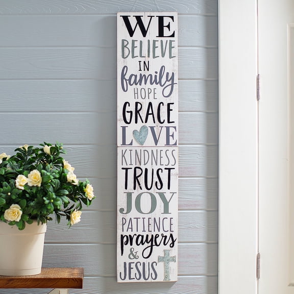 Fun Express We Believe in Family, Hope, Grace, Love, Kindness, Trust, Joy, Patience, Prayers and Jesus Wood-No Bark Sign