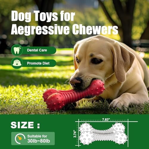 Dog Toys for Aggressive Chewers, Dog Chew Toys for Medium Large Dogs, Durable Natural Rubber Dog Toys with Bacon Flavor, Indestructible Dog Toy, Red
