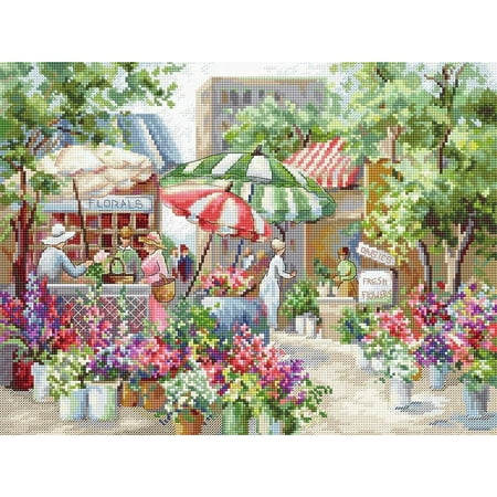 UPC: 4840746045097 | Counted Cross Stitch Kit Flower Market Leti978 By LetiStitch Canvas Cotton Green Red Needlework Trees