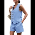 thumbnail image 3 of Conjuntos de Verano de 2 Piezas para Mujer, Sin Mangas, con Cuello en V, Abotonado, Chaleco y Pantalones Cortos con Bolsillos. Azul M, 3 of 9