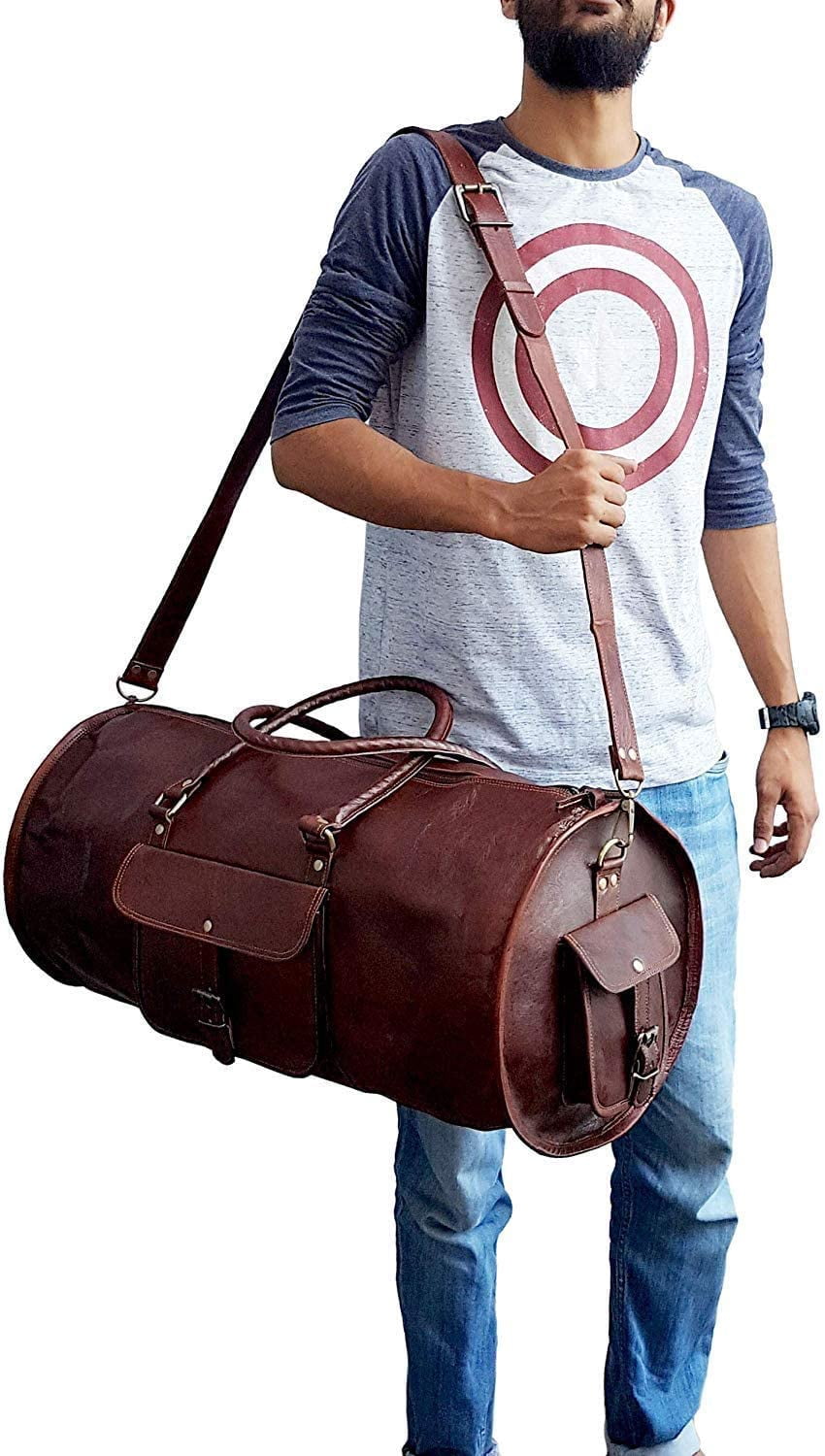 Jaald 24" Leather Duffle Bag Weekender Travel Luggage Carry On Gifts for Men Women Sports Gym Overnight Bag Adventure HIking Gear