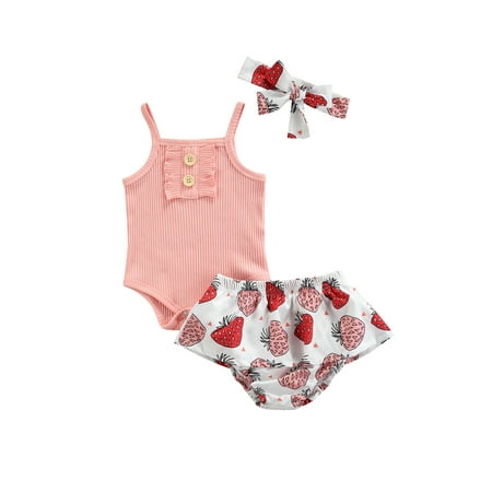 

jaweiw 3 Pcs Newborn Summer Outfits Set Baby Girls Solid Color Sleeveless Square Collar Romper + Printed Ruffle Shorts + Headband