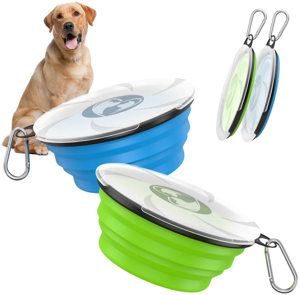 Portable Silicone Food& Water Travel Pet Bowl with Lids Expandable Pet Feeding Watering Cup Dish for Walking 2 Packs Collapsible Dog Bowl Kennels & Camping Blue& Green 