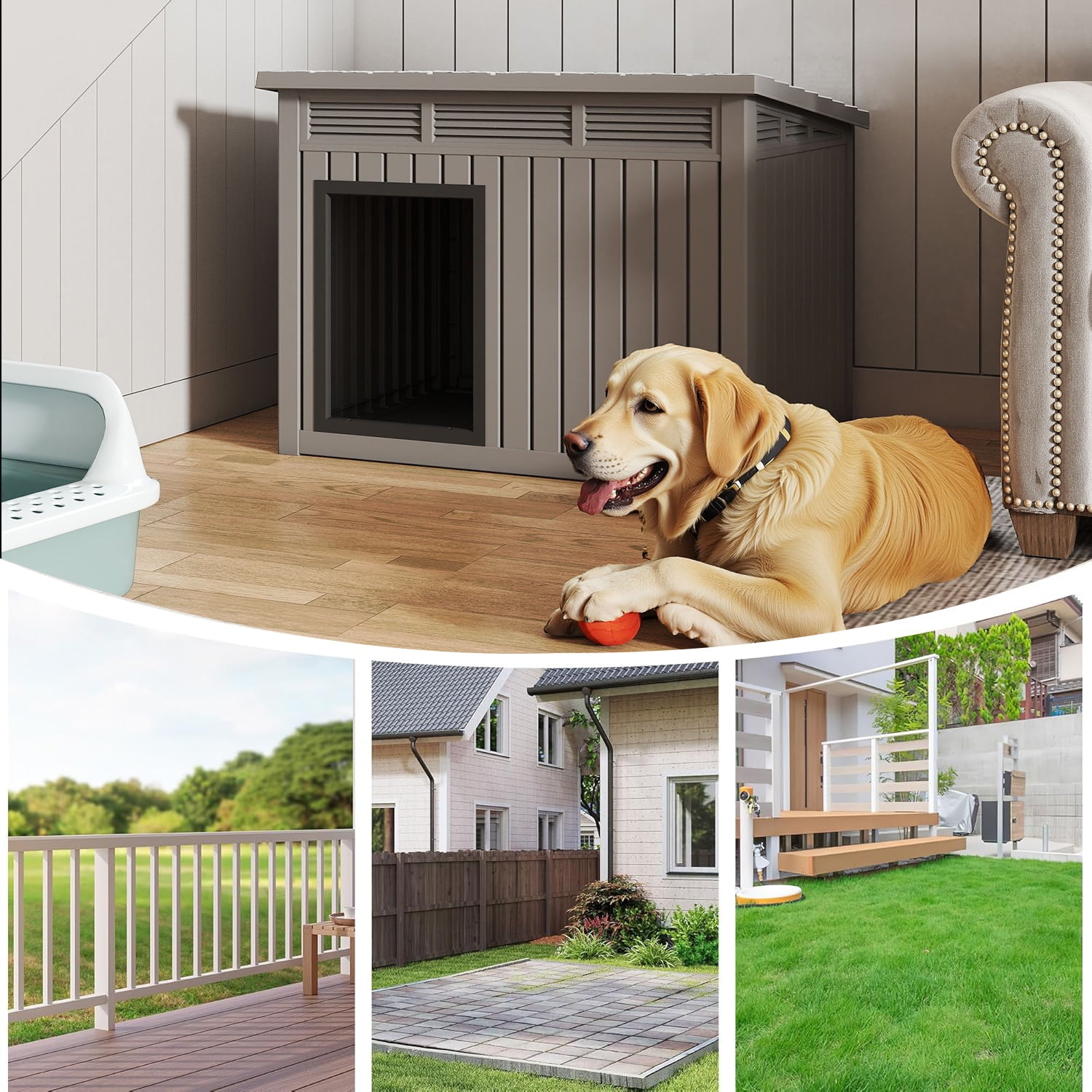 Decksplore Large Dog House (42.9"x33"x32"), Waterproof, HDPE Dog Kennel with Lift-Up Sloping Roof for Courtyard, Living Room, Bedroom (Gray)