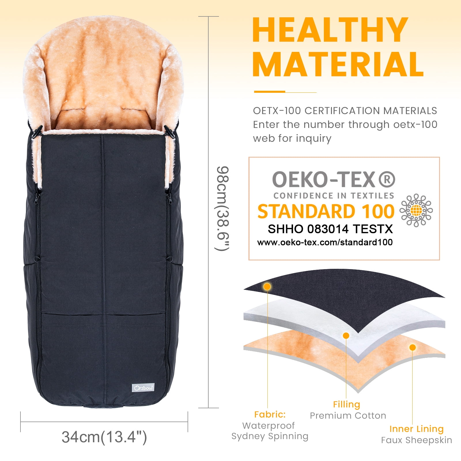 Orzbow Wool Warm Bunting Bag Universal,Suitable below 7 ℃,For Alaska,Stroller Sleeping Bag Cold Weather,Waterproof Toddler Footmuff, Black