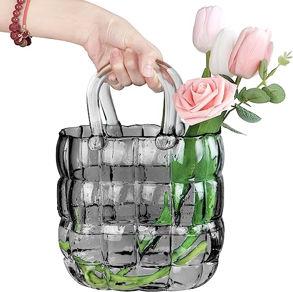 Unique Purse Vase for Flowers,11'' Handmade Thicken Bubbled Glass Bag