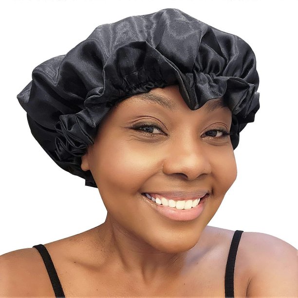 Gorro de satén para dormir con volantes para cabello rizado y natural, gorro de seda que reduce la rotura, negro.