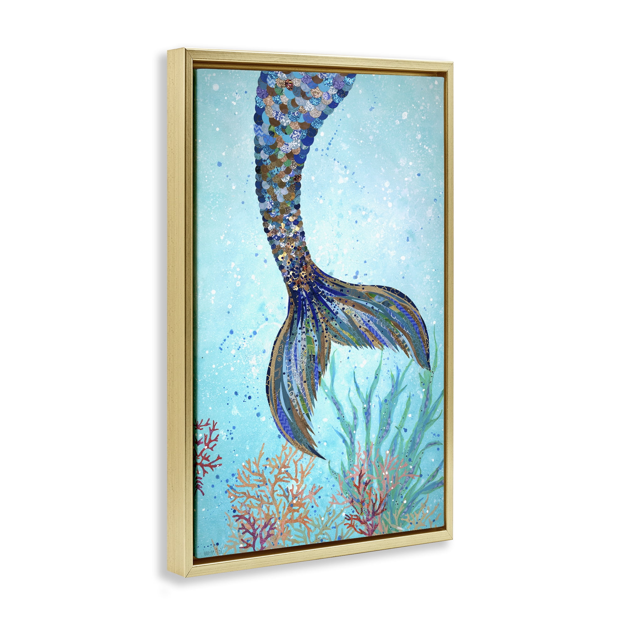 Stupell Industries Tall Tails Mermaid Fairy Tales & Fantasy Painting Gold Floater Framed Canvas Art Print Wall Art, 17 x 25