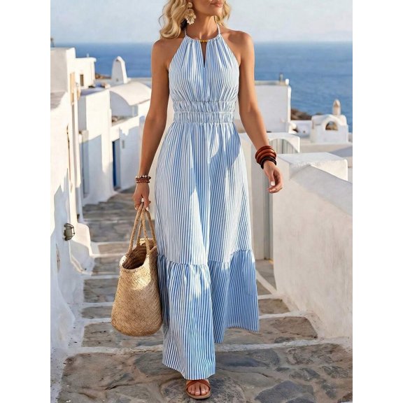 Blue Striped Halter Neck Maxi Dress With Ruffle Hem And Elastic Waist For Vacation Or Daily Wear