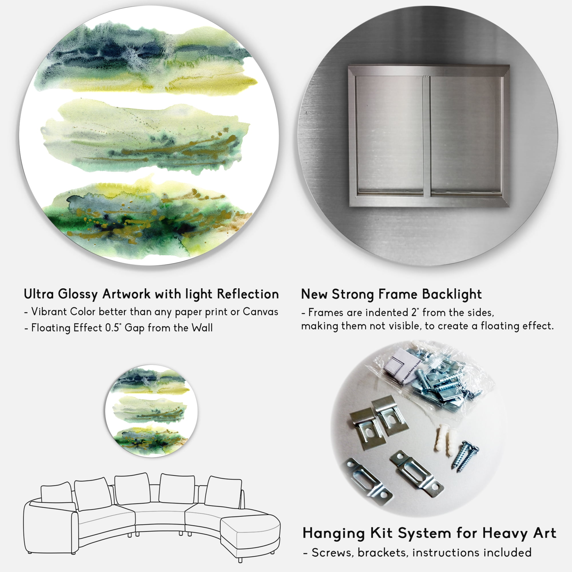 Designart 'Golden Green Abstract Clouds I' Modern Circle Metal Wall Art 36x36 - Disc of 36