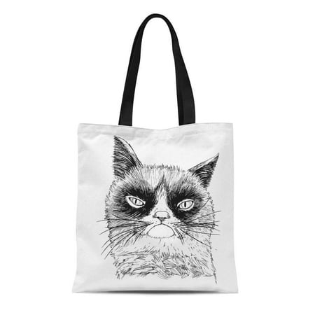 ASHLEIGH Canvas Tote Bag Meme Portrait of Grumpy Cat Angry Beautiful Black Durable Reusable Shopping Shoulder Grocery