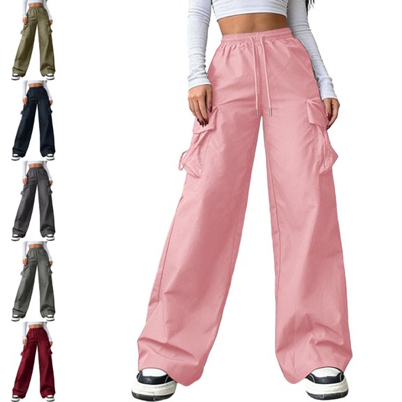 Levmjia Women's Cargo Pants Wide Leg Loose Fit Straight Leg Utility Pants with Pockets High Waisted Elastic Waist Drawstring Casual Long Trousers