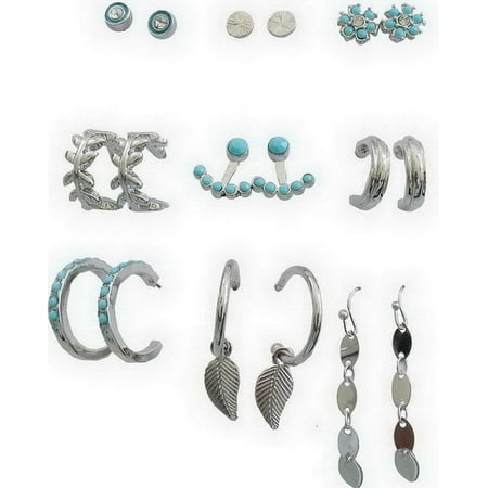 Time and Tru Women's Silver Tone and Faux Turquoise Earring Set, 9-Piece