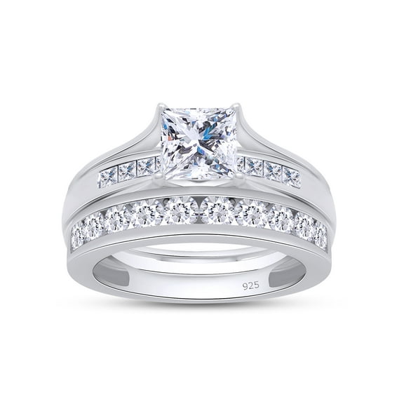 3 1/4 Carat Princess & Round Cut White Cubic Zirconia Wedding & Engagement Trio Band Ring Set in 14k White Gold Over Sterling Silver (VVS1-VVS2 Clarity, 3.25 Cttw)-12.5