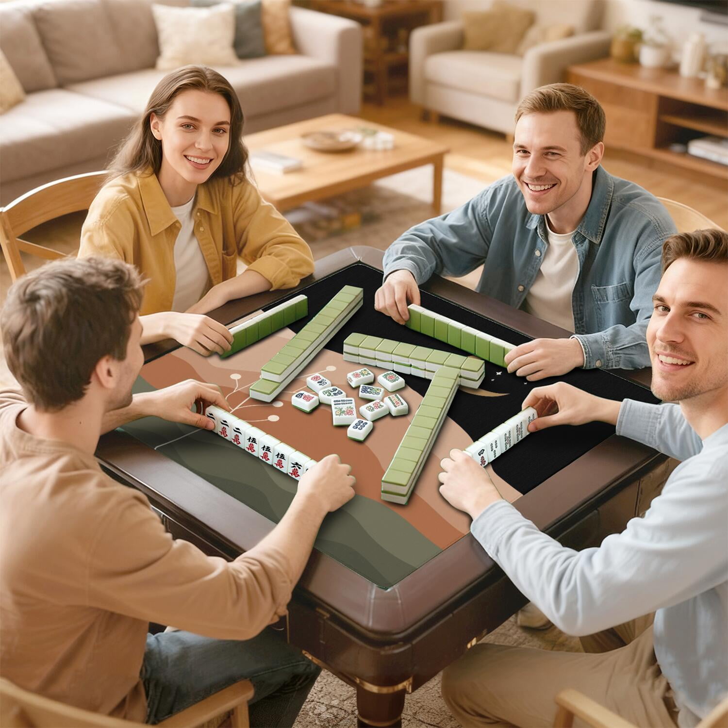 Boho Mahjong Mat for Table, 31.5*31.5in Anti Slip American Mahjong Table Cloth, Noise Reduction, Neoprene Mah jongg Mat with Carrying Bag & 3 Dices, Mahjong Accessories Gift for Board Tile Games Mats